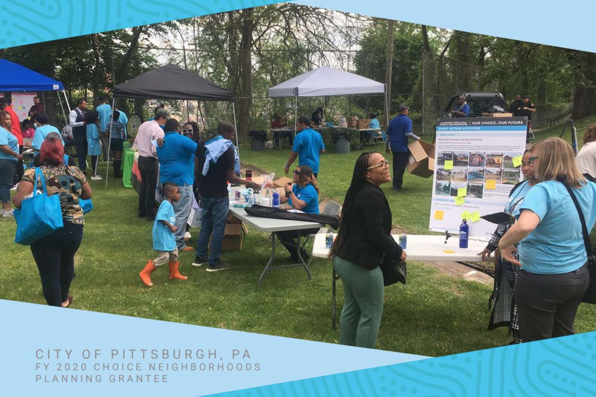 Cover of the Allegheny Dwellings Choice Neighborhoods Community Plan featuring residents at an outdoor event