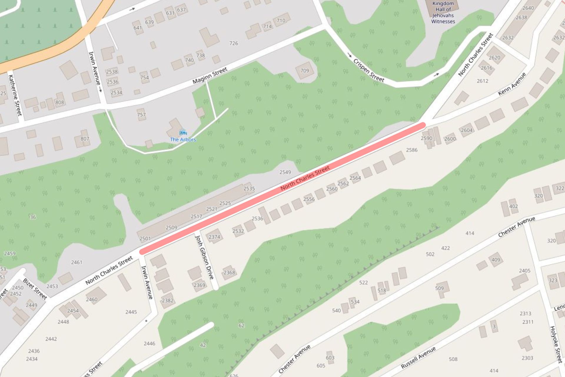 A map of the Charles Street Valley that shows the area of North Charles Street between Irwin Avenue and Kenn Avenue highlighted in red, indicating where the City will implement traffic calming measures.