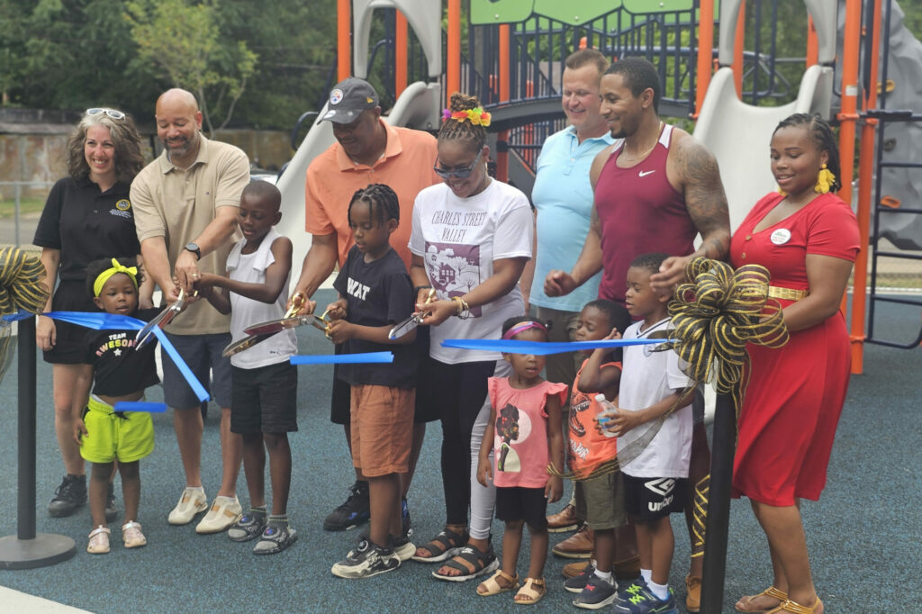 June 22nd Ribbon Cutting for Grand Reopening of Cross-Strauss Parklet (From Left: Rebekkah Ranallo, Councilman Daniel Lavelle, Mayor Ed Gainey, Angela Williams, Jim Jones, State Rep. Aerion Abney, Rhonda Strozier